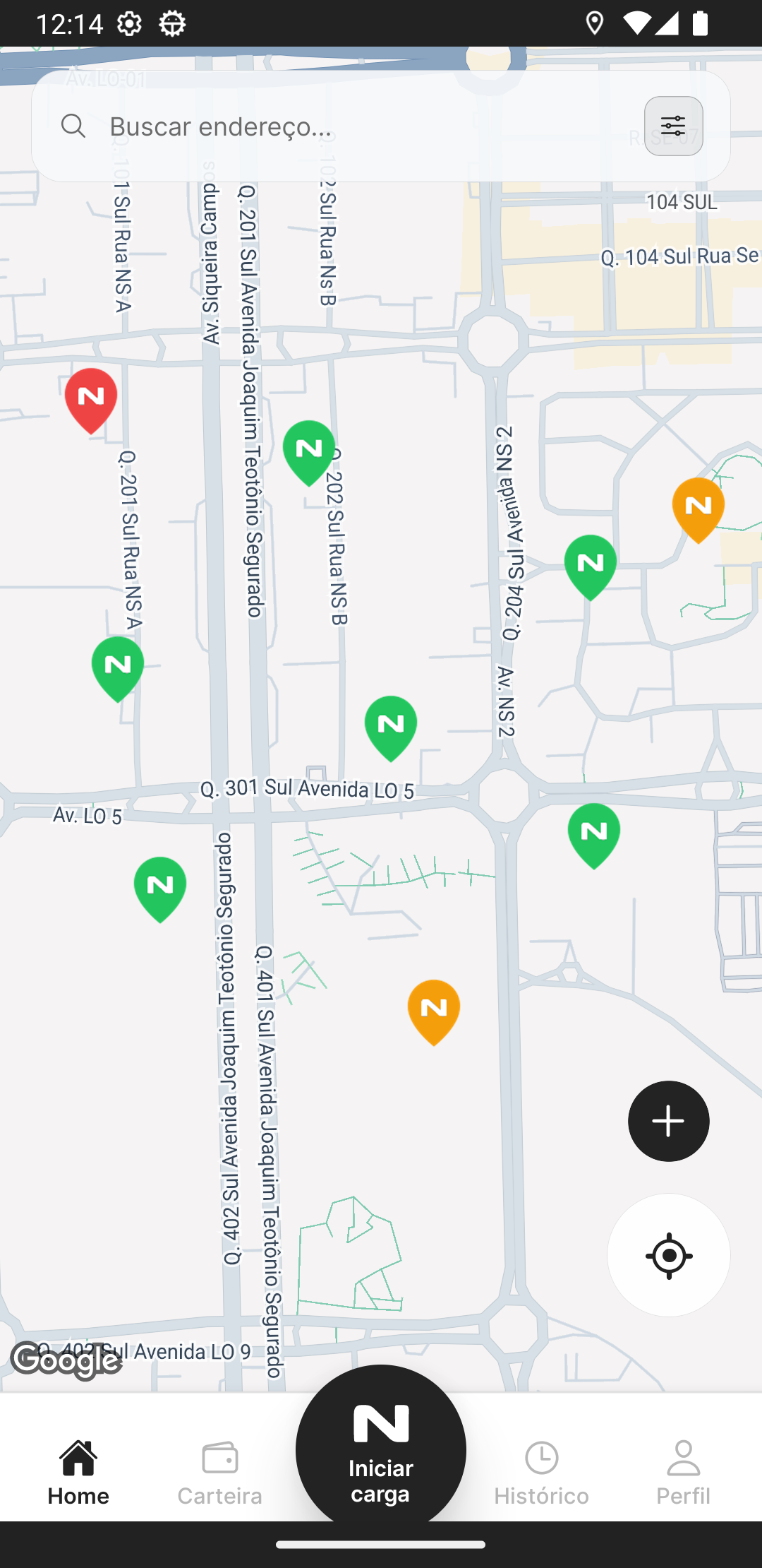 Mapa do aplicativo NYO com estações de recarga
