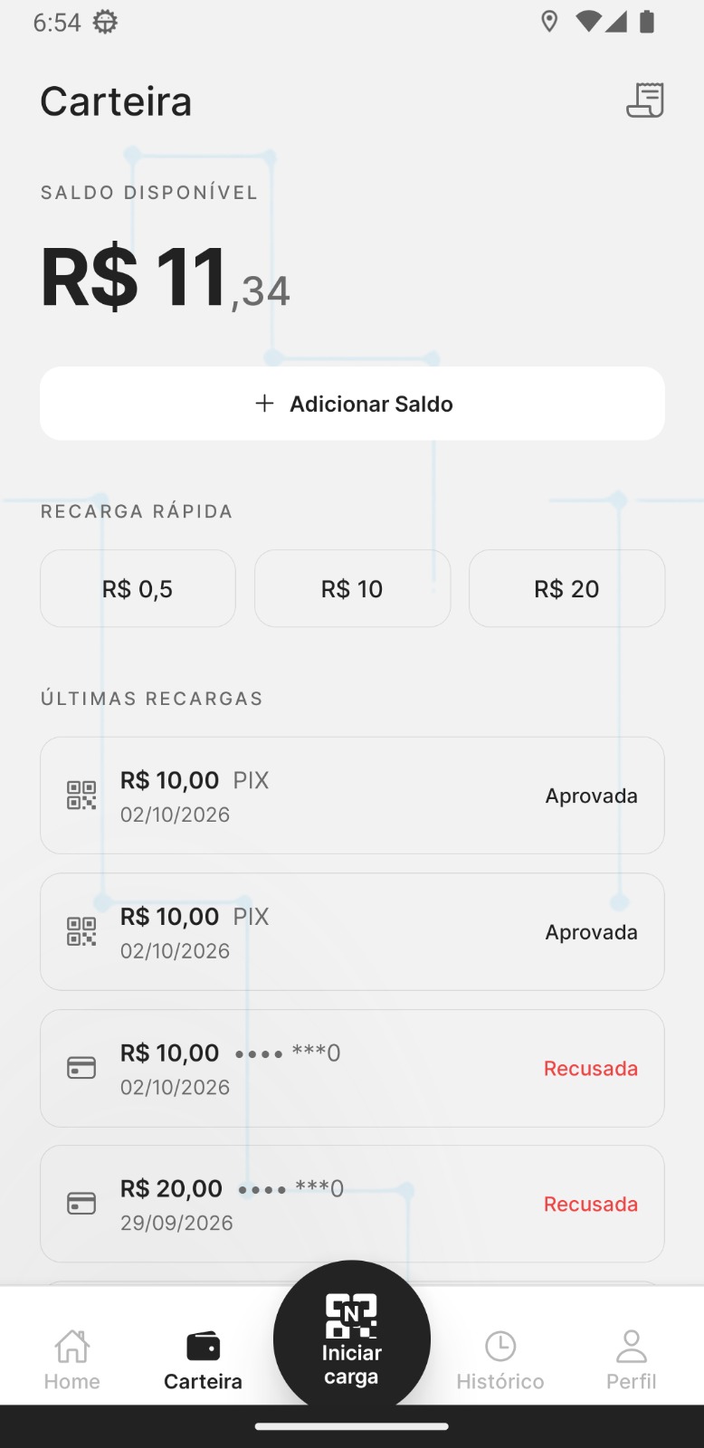 Tela da carteira NYO, com saldo disponível, recarga rápida e últimas adições de saldo